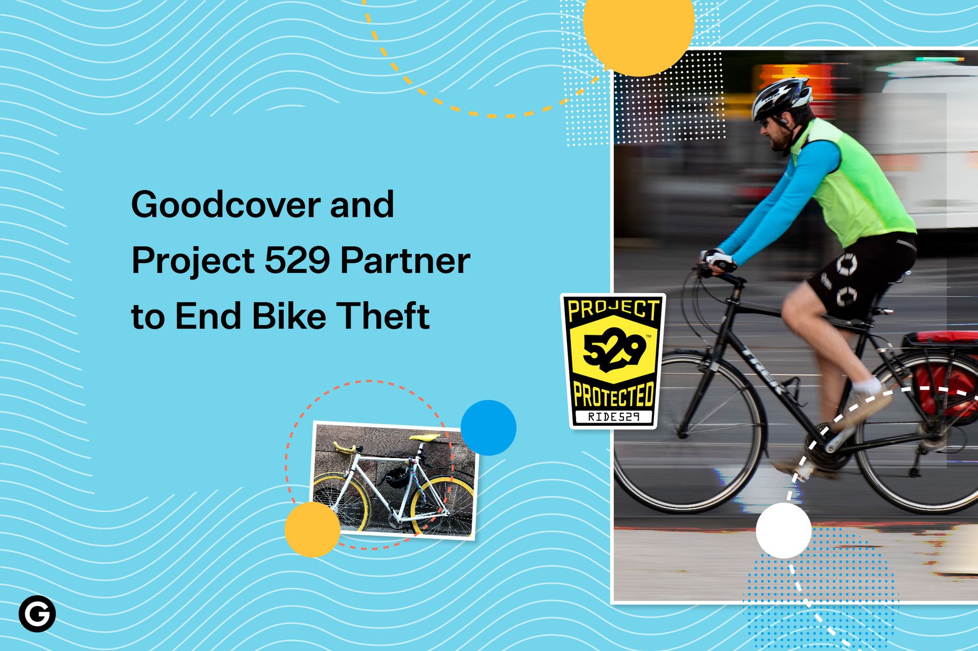 Goodcover and Project 529 Partner to End Bike Theft. Image has cyclist on the right and title on the left.