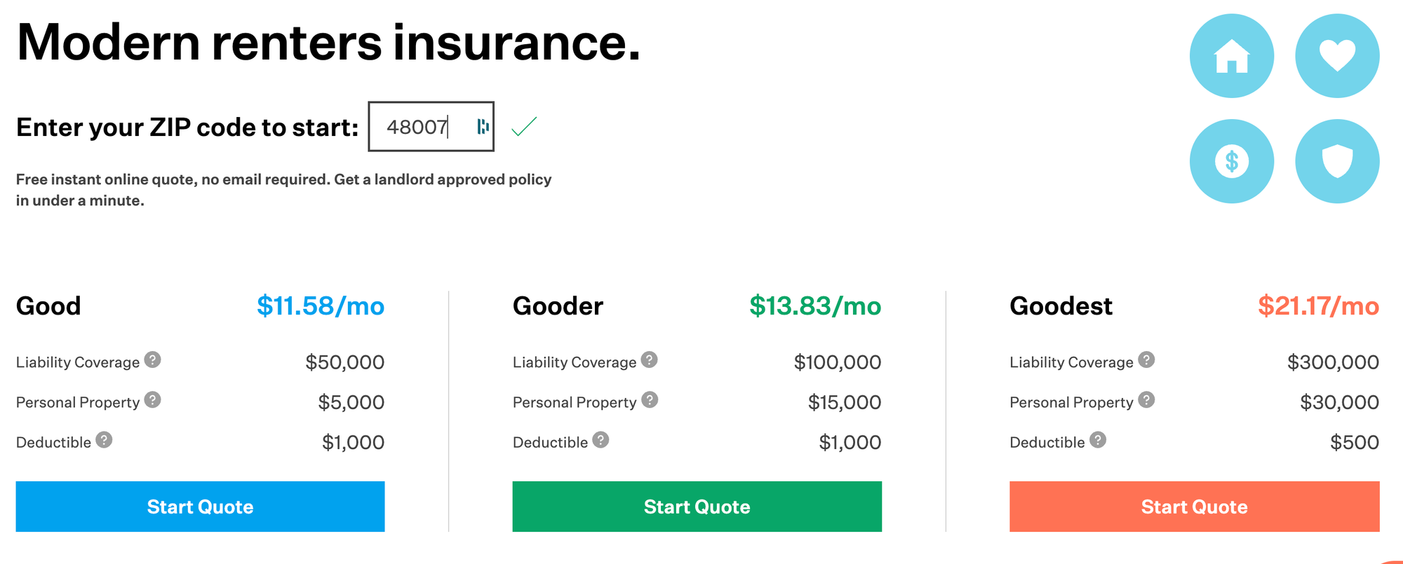 Renters insurance prices for ZIP code 48007 (Troy, Michigan)
