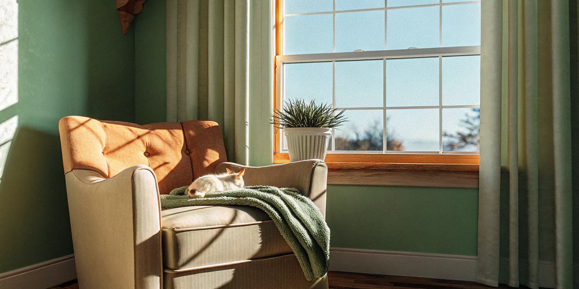 Renters insurance protects belongings in a cozy, sunlit room with armchair and cat.