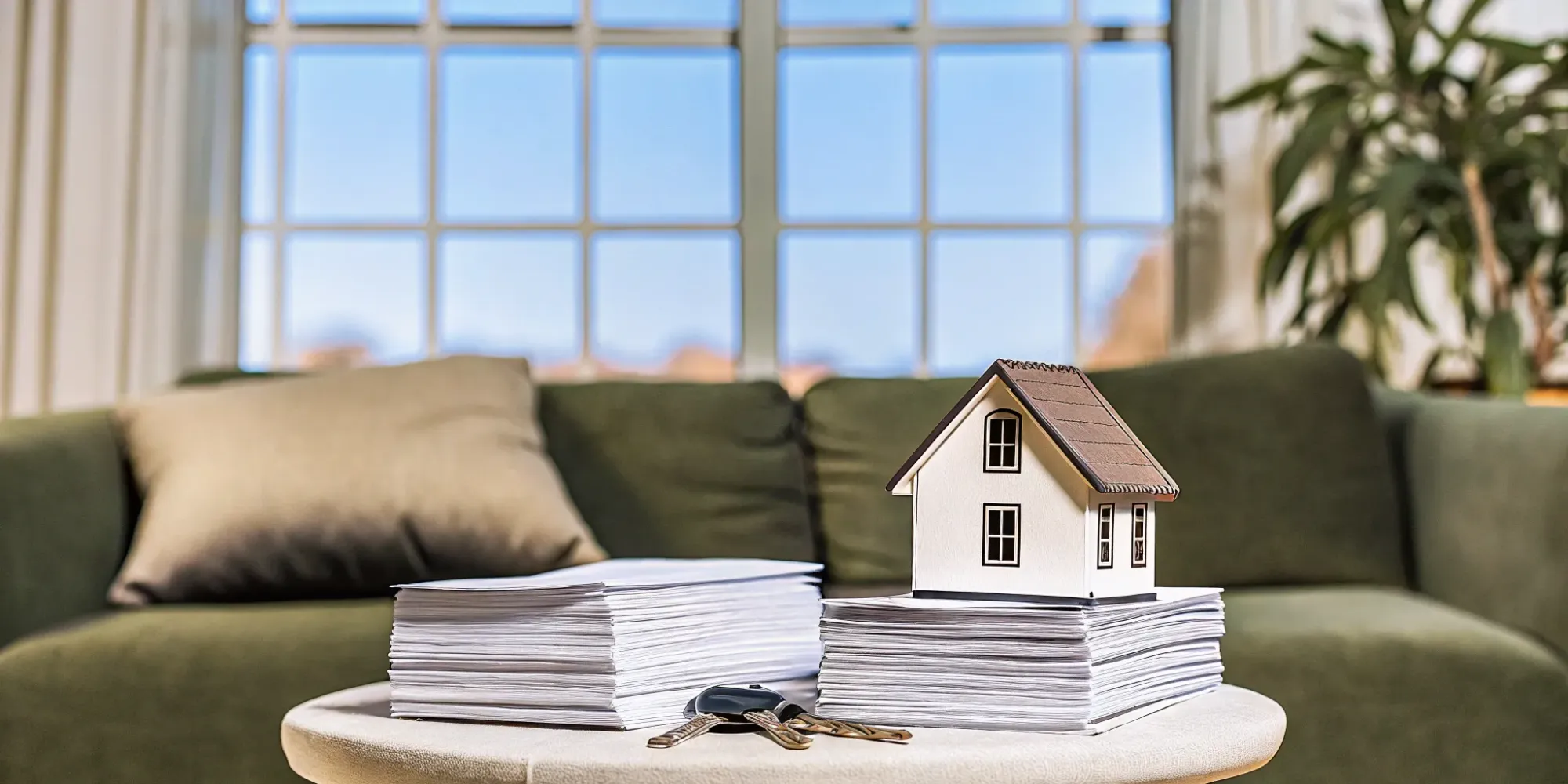 Keys on paperwork with model house. Renters vs. homeowners insurance.